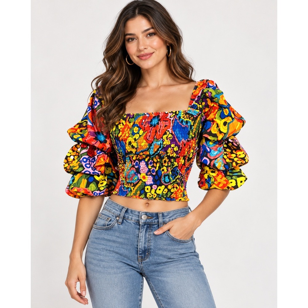 Live 4 Truth Womens Smocked Crop Top Multicolor Puff Sleeve Floral Abstract XL